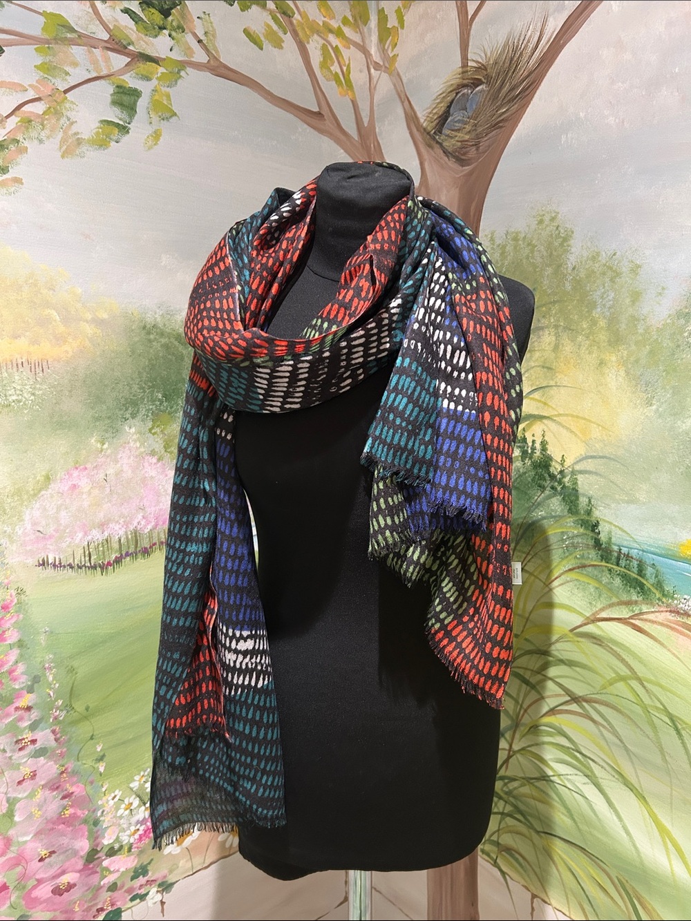 NWOT KINROSS CASHMERE Large Multicolor Patterned Fringe Scarf - Cashmere & Silk. - Picture 6 of 8